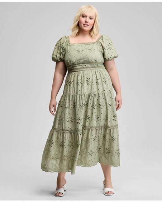 And Now This Green Trendy Plus Size Eyelet Embroidered Cotton Puff-sleeve Maxi Dress