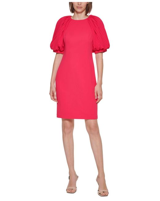 Calvin Klein Synthetic Pleated Puff-sleeve Sheath Dress in Pink - Lyst