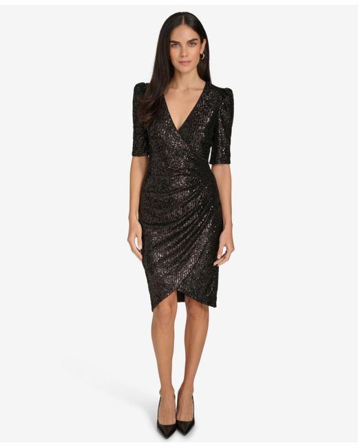 Calvin Klein Women's Black Petite Sequined Puff-sleeve Dress -  coffeafoods.com