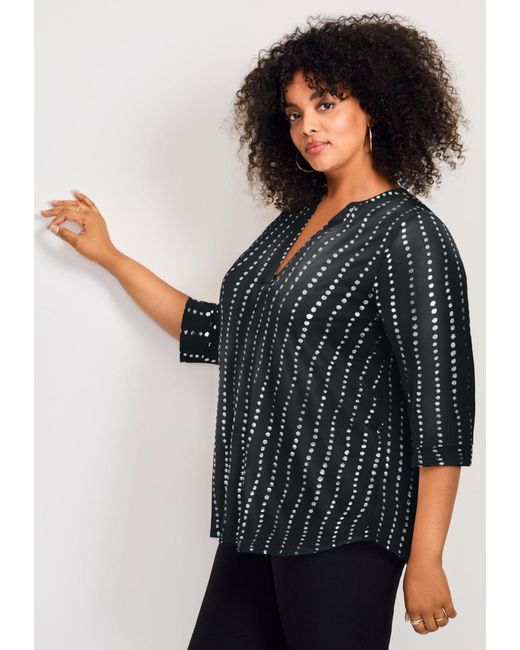 Avenue Black Plus Size Split-neck Foil Top