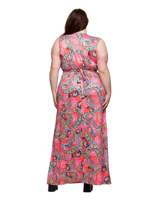 24seven Comfort Apparel Red Plus Size Print V-neck Empire Waist Sleeveless Maxi Dress
