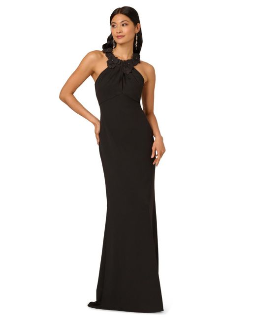 Adrianna Papell Petite Embellished Rosette Halter Gown in Black | Lyst