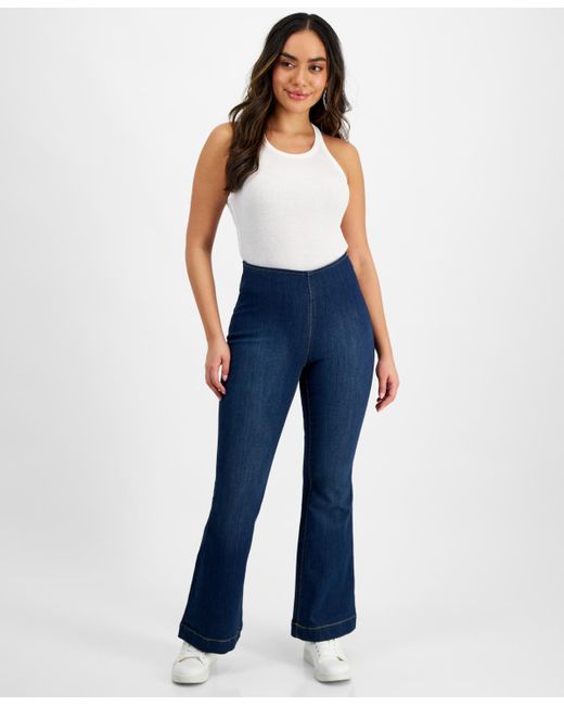 INC International Concepts Blue Petite High-rise Flare-leg Pull-on Denim Jeans