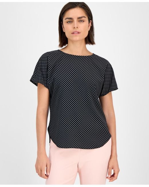 Anne Klein Black Printed Boat Neck Short-sleeve Top