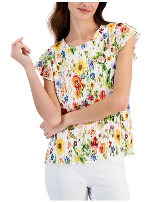 Tahari Green Floral-printed Flutter-sleeve Pleated Top