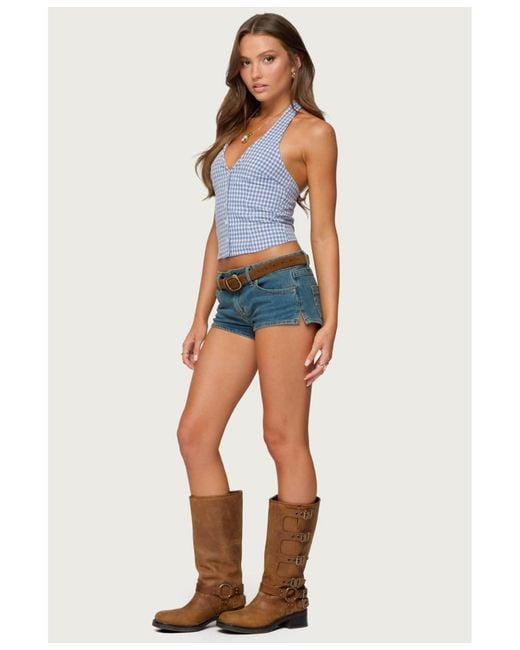 Edikted Blue Evan Gingham Button Up Halter Top