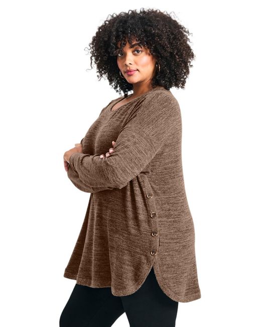 Avenue Brown Plus Size Bec Button Detail Hacci Top