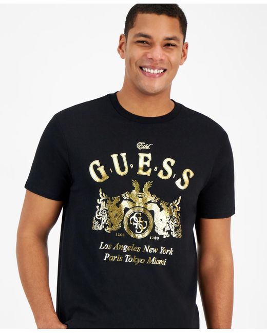 Guess Metallic Gold Crest Logo Graphic T-shirt in Black for Men | Lyst