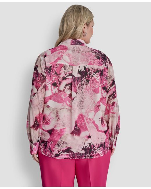 DKNY Pink Plus Size Printed Button-front Top