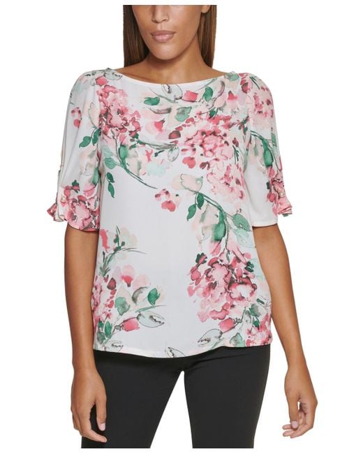 DKNY Red Petite Floral-print Embellished Elbow-sleeve Blouse