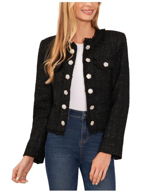 Cece Black Crystal Button Metallic Tweed Jacket