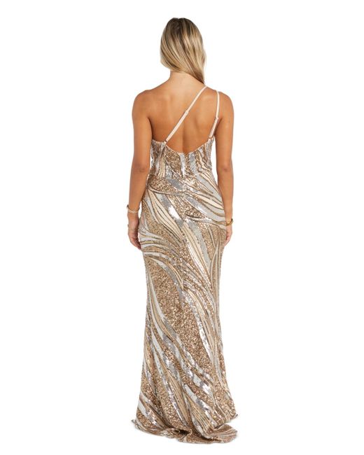 Nightway Metallic Illusion-trim One-shoulder Sequin Gown