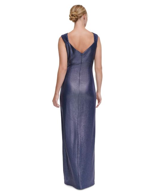 DKNY Blue Metallic Ruched Cowlneck Gown