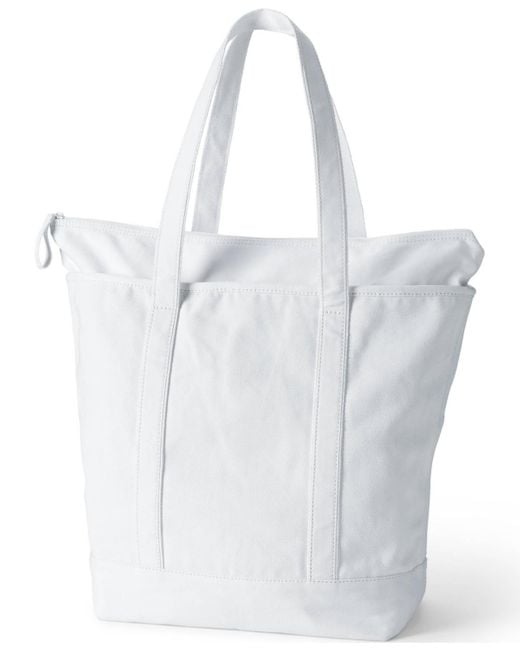 Lands' End White Large Solid Color 5 Pocket Zip Top Long Handle Canvas Tote Bag