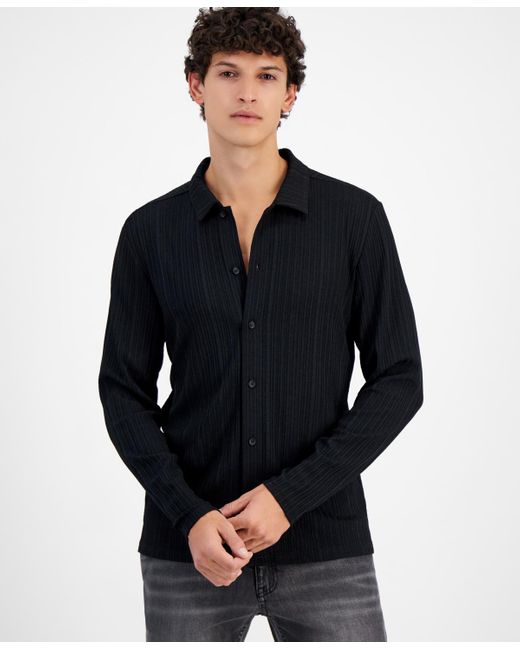 INC International Concepts Black Regular-fit Ribbed-knit Button-down Shirt for men