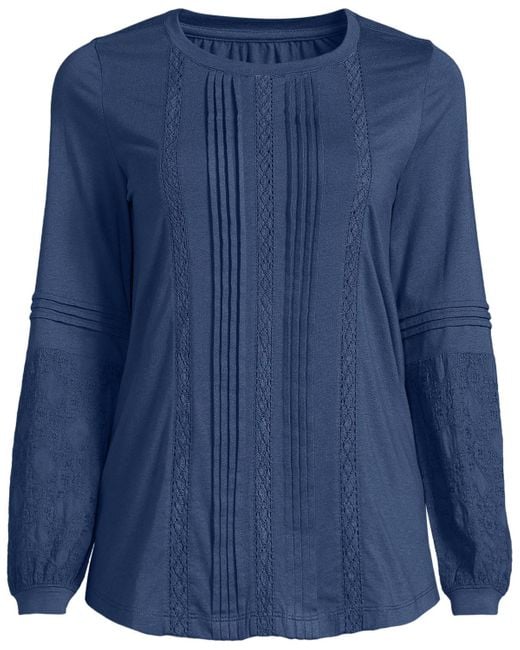 Lands' End Blue Plus Size Lightweight Jersey Lace Mix Long Sleeve Pintuck Top