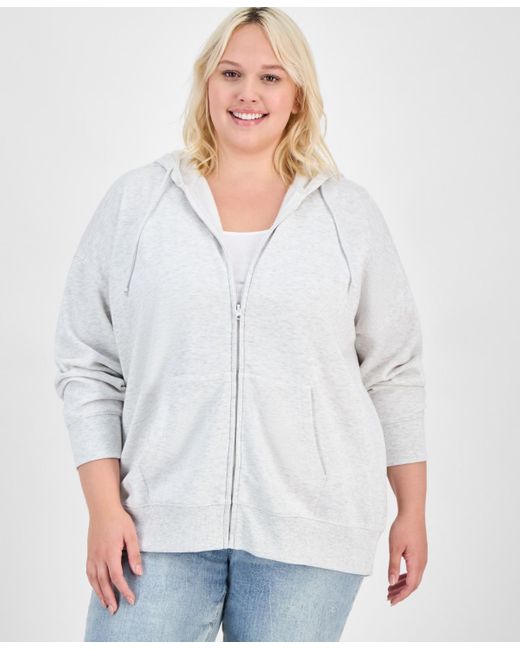 Hippie Rose White Trendy Plus Zip-front Drawstring Hoodie