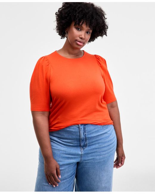 On 34th Orange Trendy Plus Ruched Puff-sleeve Crewneck Top