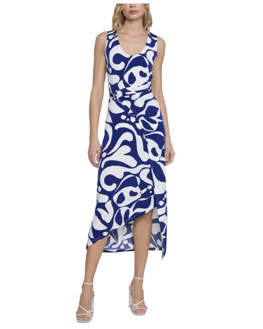 Donna Morgan Blue Printed Wrap-waist Asymmetric Dress