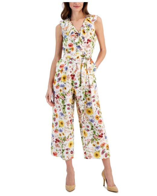 Tahari Multicolor Floral-printed Linen-blend Faux-wrap Jumpsuit