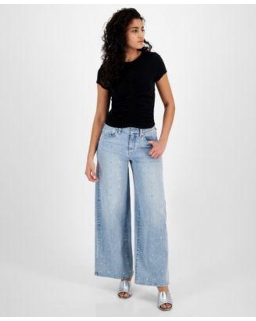 DKNY Blue Ruched Top Studded Wide Leg Jeans