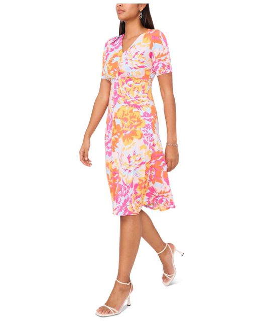 Msk Pink Petite Floral-print Twist-front Midi Dress