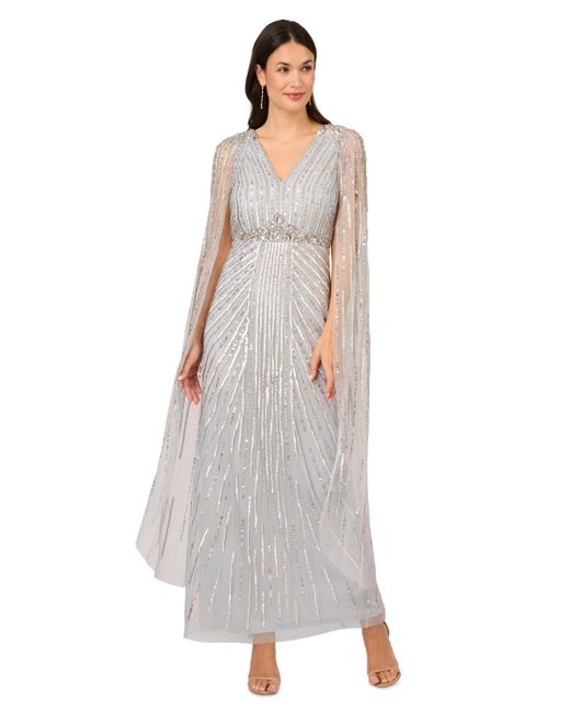 Adrianna Papell White Beaded V-neck Cape Gown