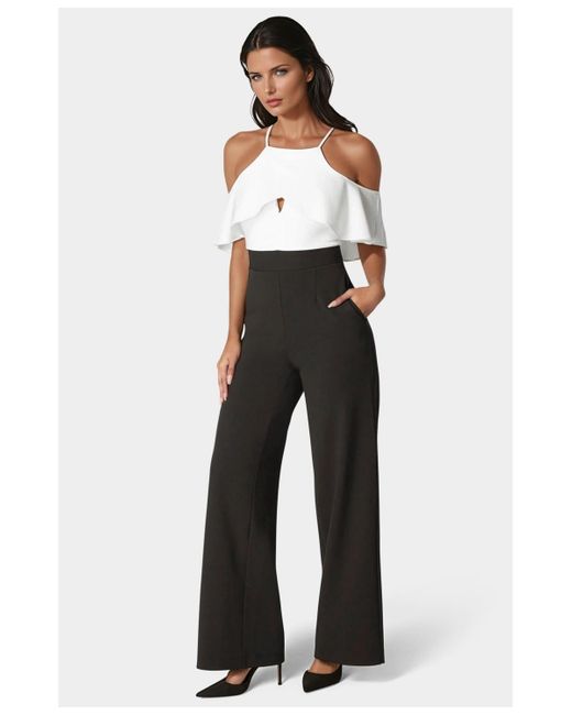 Bebe White Cold Shoulder Palazzo Leg Jumpsuit