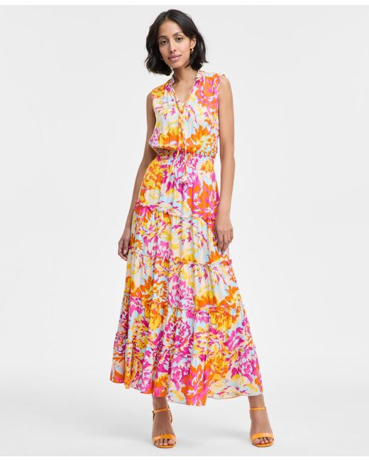 Msk White Printed Ruffle-collar Tiered Maxi Dress