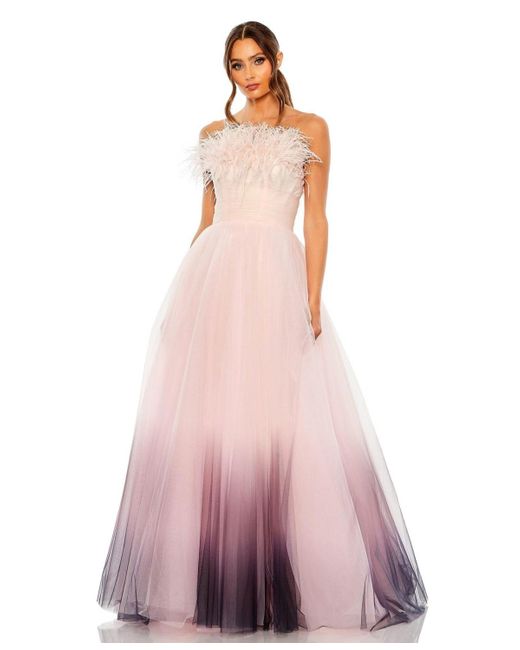 Mac Duggal Pink Strapless Feather Hem Tulle Gown