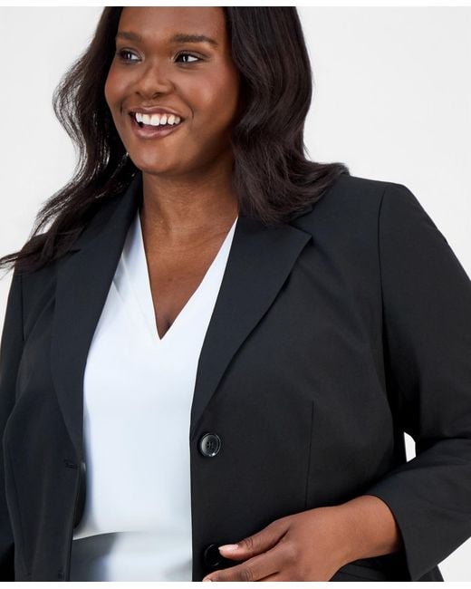 Kasper Blue Plus Size Washable Bi-stretch Notched-collar Two-button Blazer