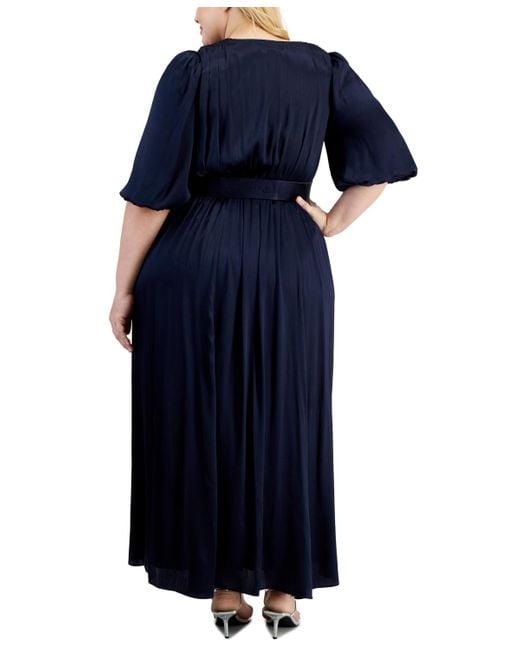 Taylor Blue Plus Size Surplice-neck Belted Satin Maxi Dress