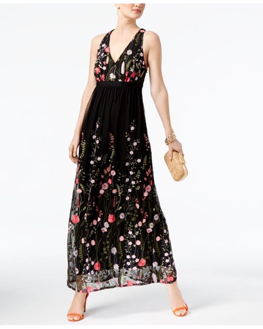 INC International Concepts Black Petite Floral-embroidered Maxi Dress