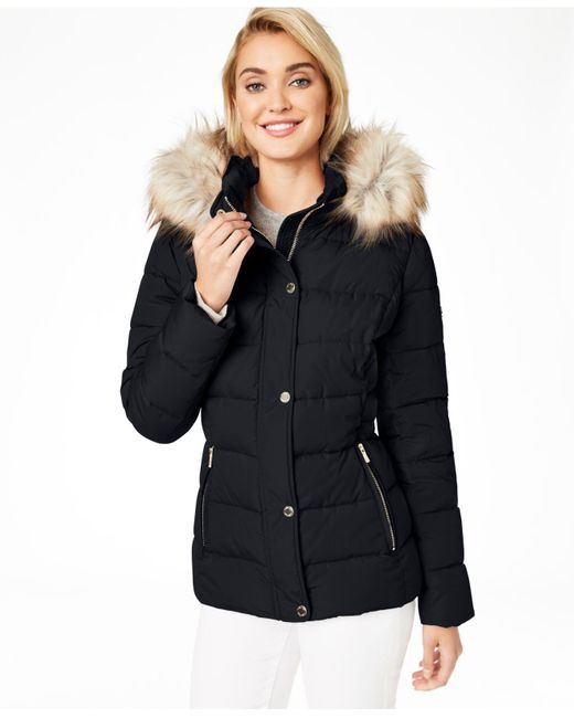 Calvin Klein Black Hooded Faux-fur-trim Puffer Coat, Created For Macy's