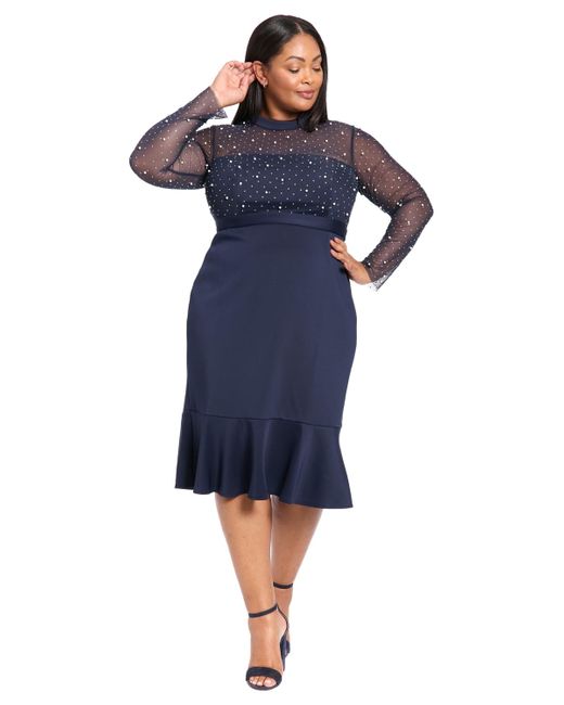 London Times Women's Blue Plus Size Beaded Illusion Mock-neck Midi Dress