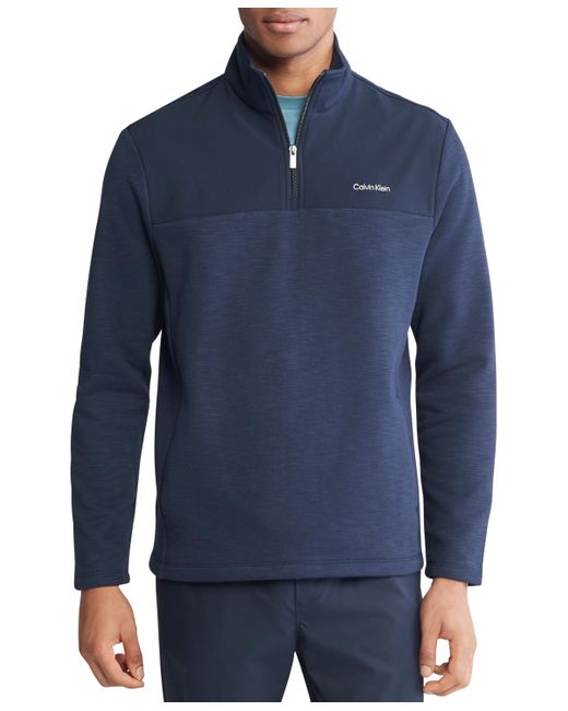Calvin Klein Blue Iconic Mixed-media Quarter-zip Long-sleeve Sweatshirt for men