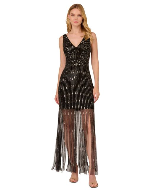 Adrianna Papell Multicolor Beaded Sheer Hem Gown