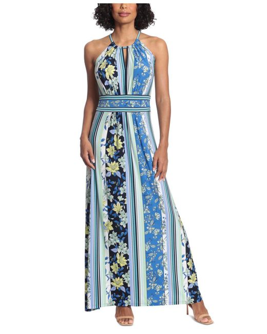 London Times Synthetic Petite Halter Maxi Dress in White/Blue (Blue) | Lyst