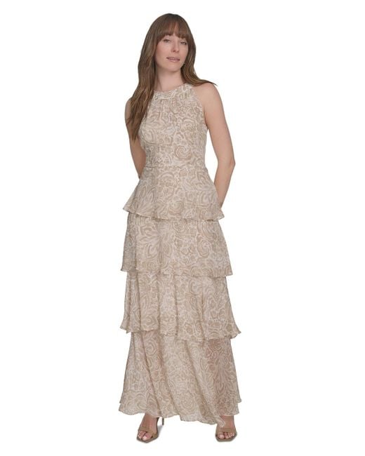 Tommy Hilfiger Natural Printed Tiered Halter Maxi Dress