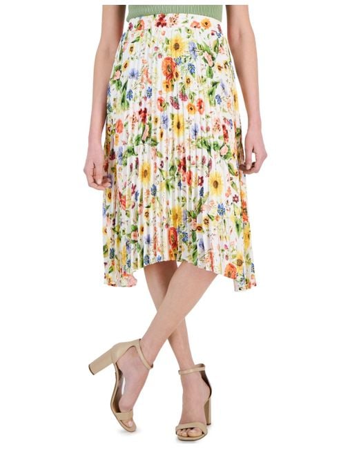Tahari Yellow Floral-printed Pull-on Pleated Midi Skirt