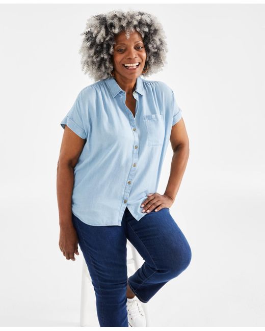 Style & Co. Blue Plus Size Chambray Camp Shirt