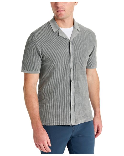 Kenneth Cole Gray Acid Washed Camp Collar Short Sleeve Sweater Shirt for men