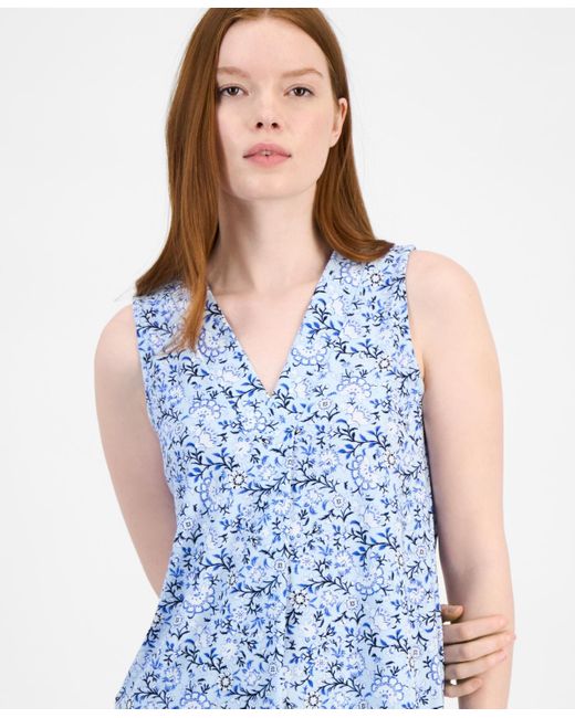 Anne Klein Blue Printed Sleeveless V-neck Shell Top