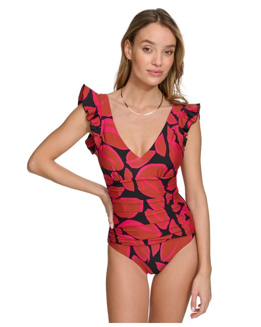 DKNY Red Ruffle-trim One-piece Swimsuit