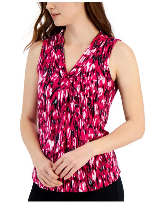 Anne Klein Red Printed Pleated-front Sleeveless Shell Top