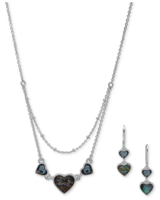 Anne Klein White Silver-tone Stone Heart Layered Statement Necklace & Drop Earrings Set
