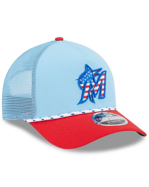 KTZ Light Blue/red Miami Marlins 2025 Fourth Of July 9forty A-frame M-crown Adjustable Trucker Hat for men