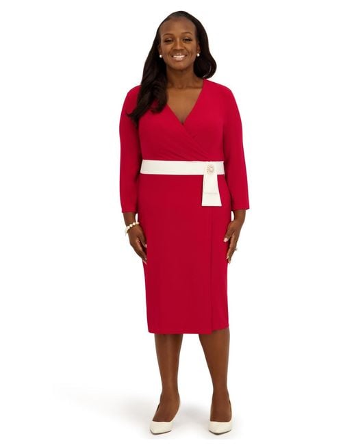 Kasper Women's Red V-neck Knee Length Wrap Dress Kasper Women's Red V-neck Knee Length Wrap Dress