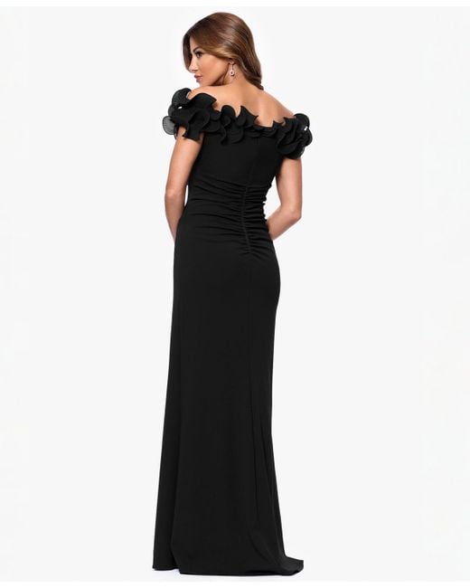 Xscape Blue Ruffled-off-the-shoulder Crepe Gown