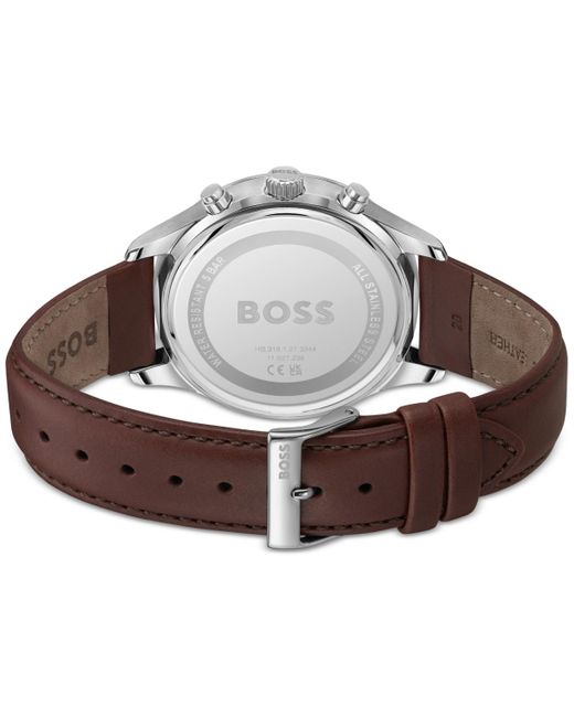 Boss Gray Chronograph Avery Brown Leather Strap Watch 42mm for men